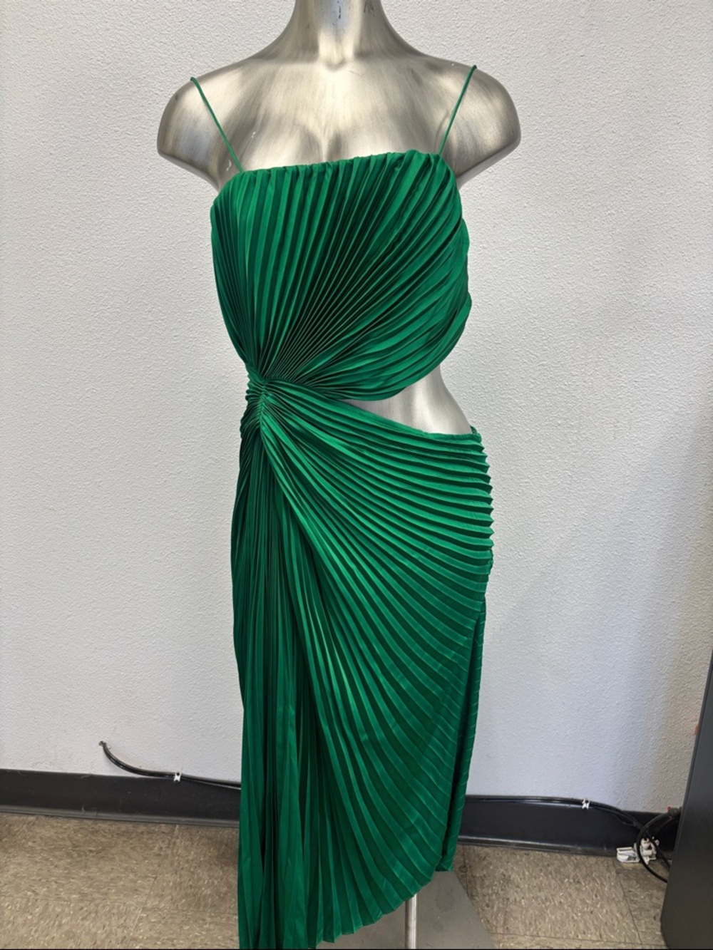 Alice + Olivia Emerald Green Asymmetrical Pleated Midi Dress